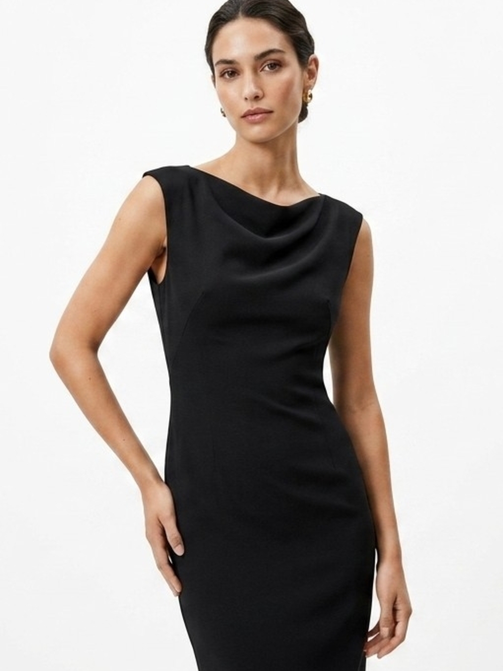 ZARA Woman Black Minimalist Cowl Neck Sleeveless Bodycon Midi Dress